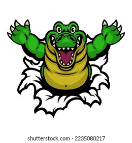 Cheerful crocodile mascot comming out of the paper hole