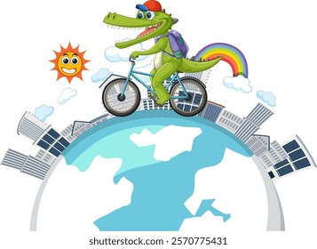 A cheerful crocodile rides a bike on Earth