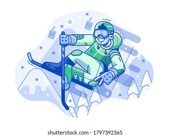 Cheerful cross country skier jumping on ski resort background. Freeride skiing man character in motion concept scene. Mountain freestyle skier jump on snow hill.