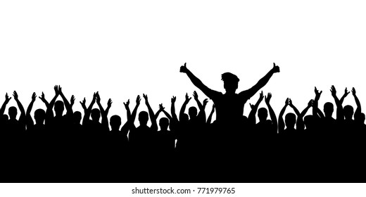 Cheerful crowd cheering. Hands up. Applause people. Silhouette vector