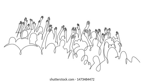 Cheerful Crowd Cheering Illustration. Hands Up. Group Of Applause People Continuous One Line Vector Drawing. Audience Silhouette Hand Drawn Characters. Women And Men Standing At Concert, Meeting.