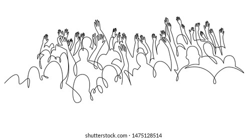 Cheerful crowd cheering illustration. Hands up. Group of applause people continuous one line vector drawing. Audience silhouette hand drawn characters. Women and men standing at concert, meeting.