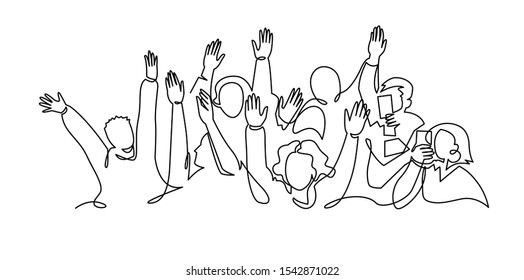 Cheerful Crowd Cheering Illustration. Hands Up. Group Of Applause People Continuous One Line Vector Drawing. Audience Silhouette Hand Drawn Characters. Women And Men Standing At Concert, Meeting.