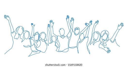 Cheerful Crowd Cheering Illustration. Hands Up. Group Of Applause People Continuous One Line Vector Drawing. Audience Silhouette Hand Drawn Characters. Women And Men Standing At Concert, Meeting.