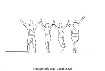 Cheerful Crowd Cheering Illustration. Hands Up. Group Of Applause People Continuous One Line Vector Drawing. Audience Silhouette Hand Drawn Characters. Happy Women And Men Concert, Meeting.