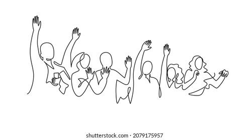 Cheerful Crowd Cheering Illustration. Hands Up. Group Of Applause People Continuous One Line Vector Drawing. Audience Silhouette Hand Drawn Characters. Women And Men Standing At Concert