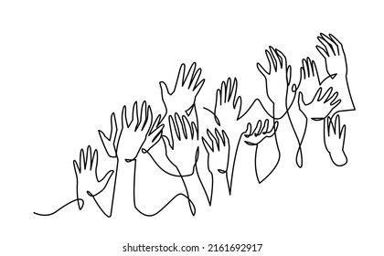 Cheerful Crowd Cheering Illustration. Hands Up. Group Of Applause People Continuous One Line Vector Drawing. Hands Of Audience Silhouette Hand Drawn. Women And Men Standing At Concert, Meeting