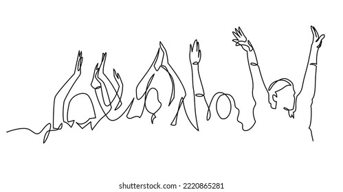 Cheerful crowd cheering illustration. Hands up. Group of applause people continuous one line vector drawing. Hands of audience silhouette hand drawn. Women and men standing at concert