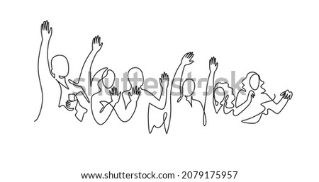 Cheerful crowd cheering illustration. Hands up. Group of applause people continuous one line vector drawing. Audience silhouette hand drawn characters. Women and men standing at concert