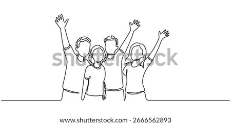 Cheerful crowd cheering illustration. Hands up. Group of applause people continuous one line vector drawing, Young people jumping joyfully, continuous one line drawing. Minimalist hand-drawn vector.