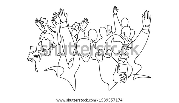 Cheerful crowd cheering illustration. Hands up.
Group of applause people continuous one line vector drawing.
Audience silhouette hand drawn characters. Women and men standing
at concert, meeting.