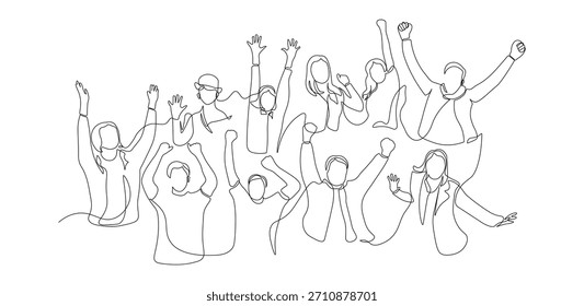 Ilustração animada de torcida da multidão em um estilo de arte de linha contínua. Pessoas minimalistas aglomeradas torcendo linear isolado no fundo branco. Ilustração vetorial