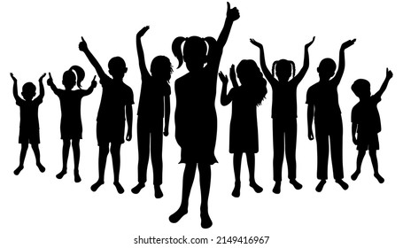 Cheerful crowd of children. Silhouettes of saluting, applauding, happy boys and girls. Vector illustration