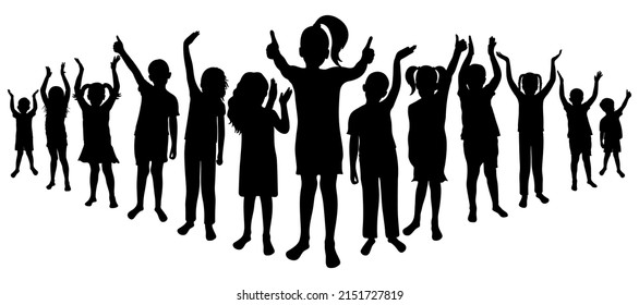 Alegre multitud de niños. Silhouettes de saludar, aplaudir, niños y niñas felices en pleno crecimiento. Ilustración del vector