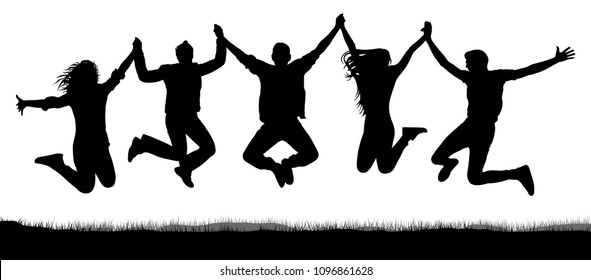 Cheerful crowd of friends jumping, holding hands. People have fun jumping. Silhouette vector. Youth party, amusement, game. Happy, joy teenager jump