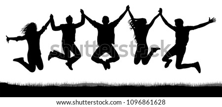 Cheerful crowd of friends jumping, holding hands. People have fun jumping. Silhouette vector. Youth party, amusement, game. Happy, joy teenager jump