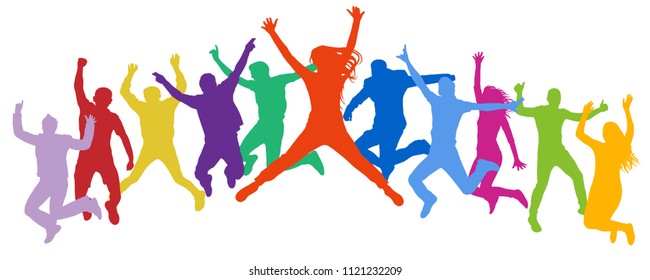 Cheerful crowd jumping people. Friends leap, bounce young teenagers, trampoline. Happy youth company. Multicolor vector silhouette