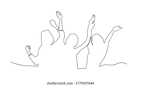 Cheerful crowd of people cheering applause. Fan happy people. Party disco concert sport. Silhouette vector illustration. Continuous line drawing of three jumping happy team members.one continuous draw