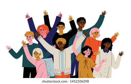 Cheerful Crowd of People of Different Nationalities, Happy Young Men and Women Standing Together Social Diversity Vector Illustration