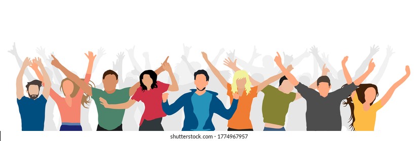 Cheerful crowd of people enjoy success, winning, victory, etc. Vector illustration. Applied clipping mask