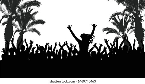 Cheerful crowd of people on beach party. Silhouette of people and palm trees. Vector illustration.