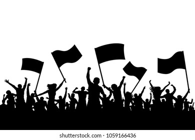 Cheerful crowd people silhouette. Crowd applauding. Demonstration, protest. Sports fans with flags. Fans dance concert, disco