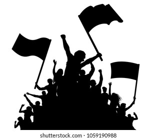 Cheerful crowd people silhouette. Crowd applauding. Fans dance concert, disco. Demonstration, protest. Sports fans with flags