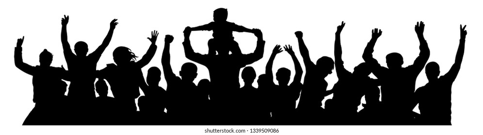 Cheerful crowd people silhouette. Child sits on the neck of a man. Applause people hands up. Vector Illustration party celebrating