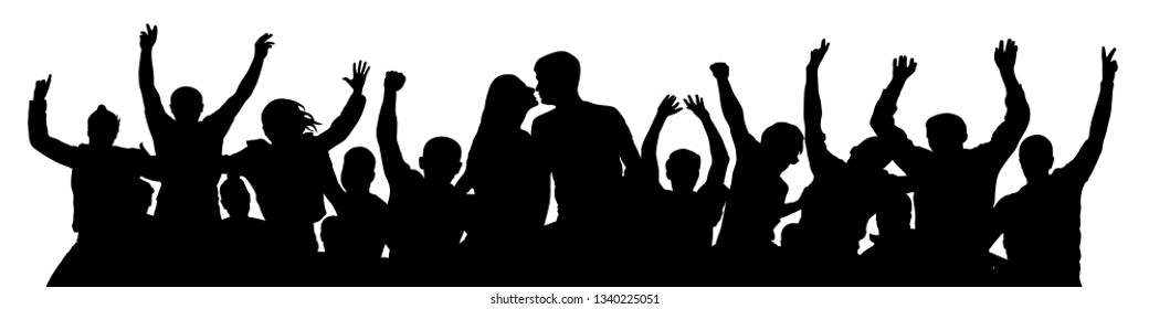 Cheerful crowd people silhouette. Kiss of young couple