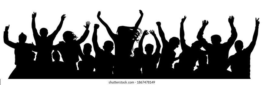 Cheerful crowd people. Stand alone, separate  group of people. Silhouette party celebrating. Applause people hands up. Vector Illustration