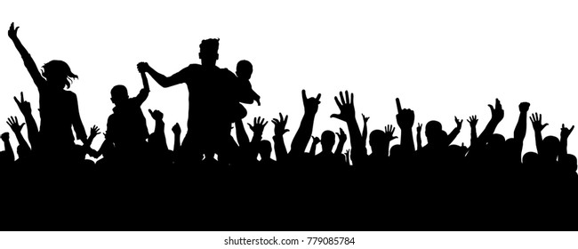 Cheerful crowd silhouette. Party people, applaud. Fans dance concert, disco.Hands up