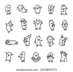 Cheerful cucumber character. Coloring Page. Funny cartoon. Hand drawn style. Vector drawing. Collection of design elements.