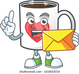 Cheerful cup of coffee with heart mascot design with envelope