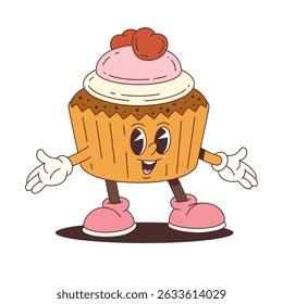 Cheerful cupcake mascot with pink icing, cherries, and a friendly expression in a playful cartoon style. Ideal for advertising, packaging, and creative food-related projects. Vector illustration.