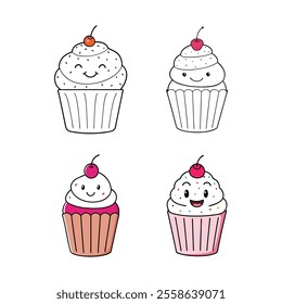 Cheerful Cupcake with Sprinkles and Cherry Outline Vector Design Bundle