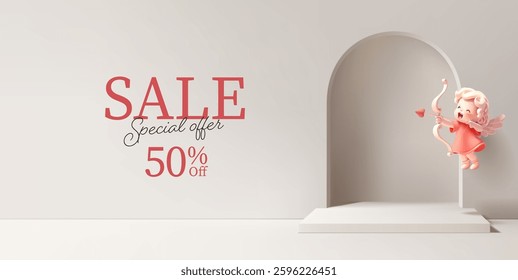 Cheerful cupid character shooting a bow, empty podium, arch, wall, 3D. Modern banner for advertising and discounts on goods. Special offer. Vector
