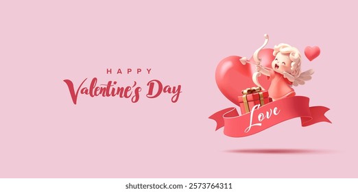 Cheerful cupid, gift, heart, red ribbon, 3D. Love, Valentine's Day greetings. Modern banner for advertising concepts. Vector