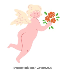 Cheerful cupid holding flowers. Cute flying angel or cherub with a bouquet in trendy retro style. Isolated on white background.