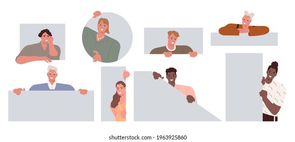 Cheerful, curious, happy people set. Men and women peeping. Flat vector illustration isolated on white
