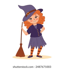 Cheerful curly girl in a witch outfit with a broom