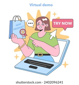 Cheerful customer points at 'TRY NOW' during a virtual product demo, promoting instant online engagement. Flat vector illustration.