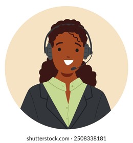 Alegre Representante De Servicio al cliente Carácter Que Lleva Auriculares Y Ropa De Negocio. La Imagen De Vector De Dibujos Animados Transmite Profesionalismo, Comunicación Y Servicio Amistoso En Un Entorno De Profesional