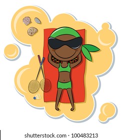 Cheerful cute African-American girl relax on the beach after badminton game