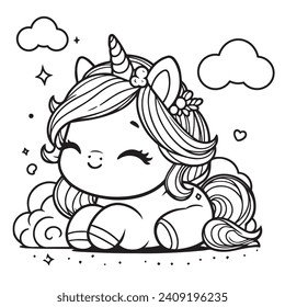 Cheerful cute baby Cartoon Unicorn with on cloud. Black and white linear art. For children's design of coloring books, stickers, cards, prints, posters, puzzles vector
