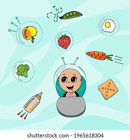  Cheerful cute baby gets acquainted with vegetables.  Cartoon food, broccoli, carrots, cookies, egg, milk, apple, peas, strawberries, highchair. Vector, hand drawing.