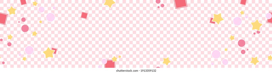 Cheerful and cute background for web design, sales or advertising. Manga or cartoon poster for the holidays and decoration. Vector banner with white and pink checkered pattern, stars and pink rounds.