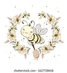 Cheerful Cute Bee With Honey In A Frame Of Flowers. Vector.