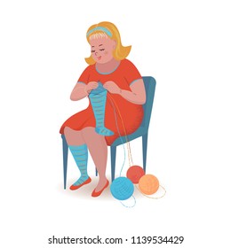 Cheerful cute blonde girl is knitting socks. Vector isolated illustration with texture in cartoon style.