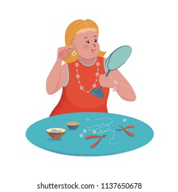 Cheerful cute blonde girl is making jewelry. Vector isolated illustration with texture in cartoon style.