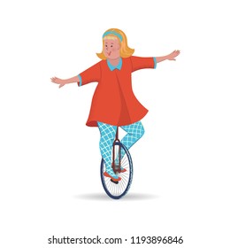 Cheerful cute blonde girl is riding a unicycle. Vector isolated illustration with texture in cartoon style.